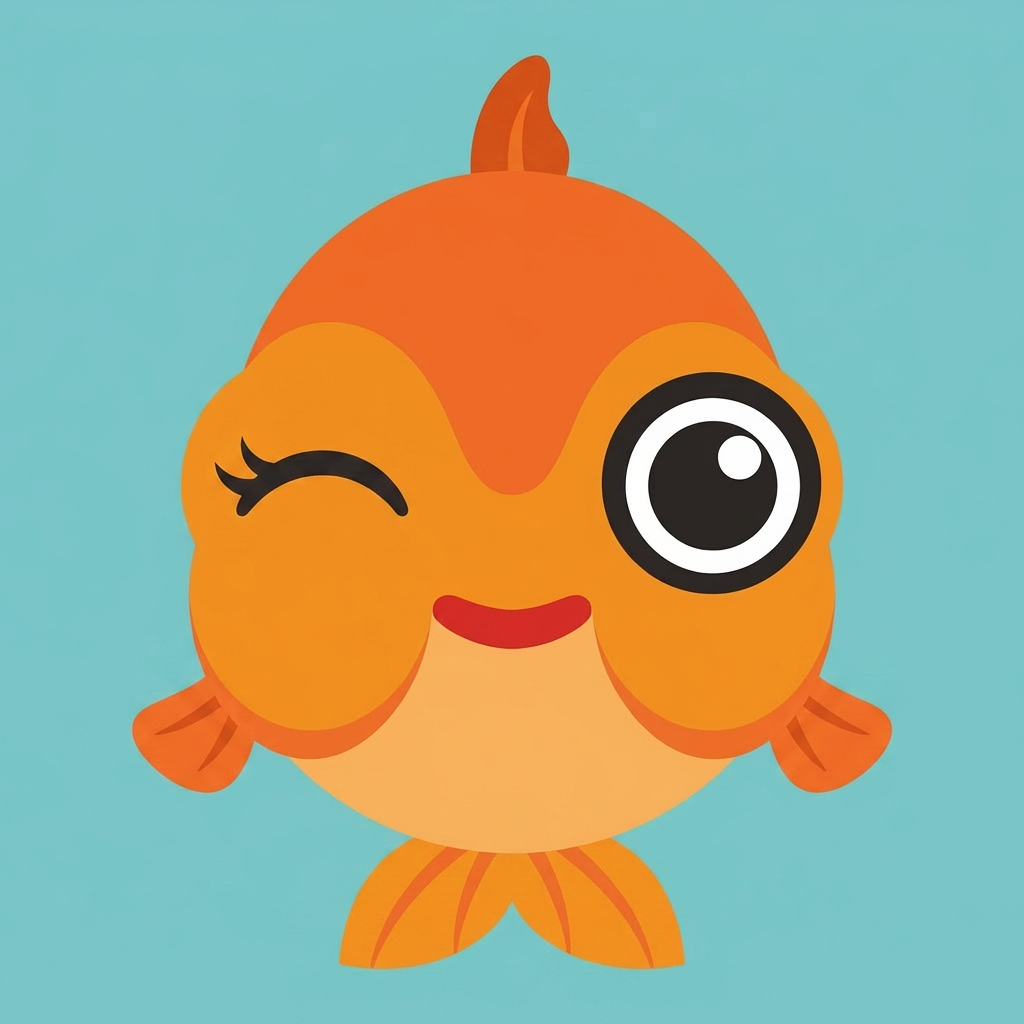 Cartoon fish face with large eyes and orange colors