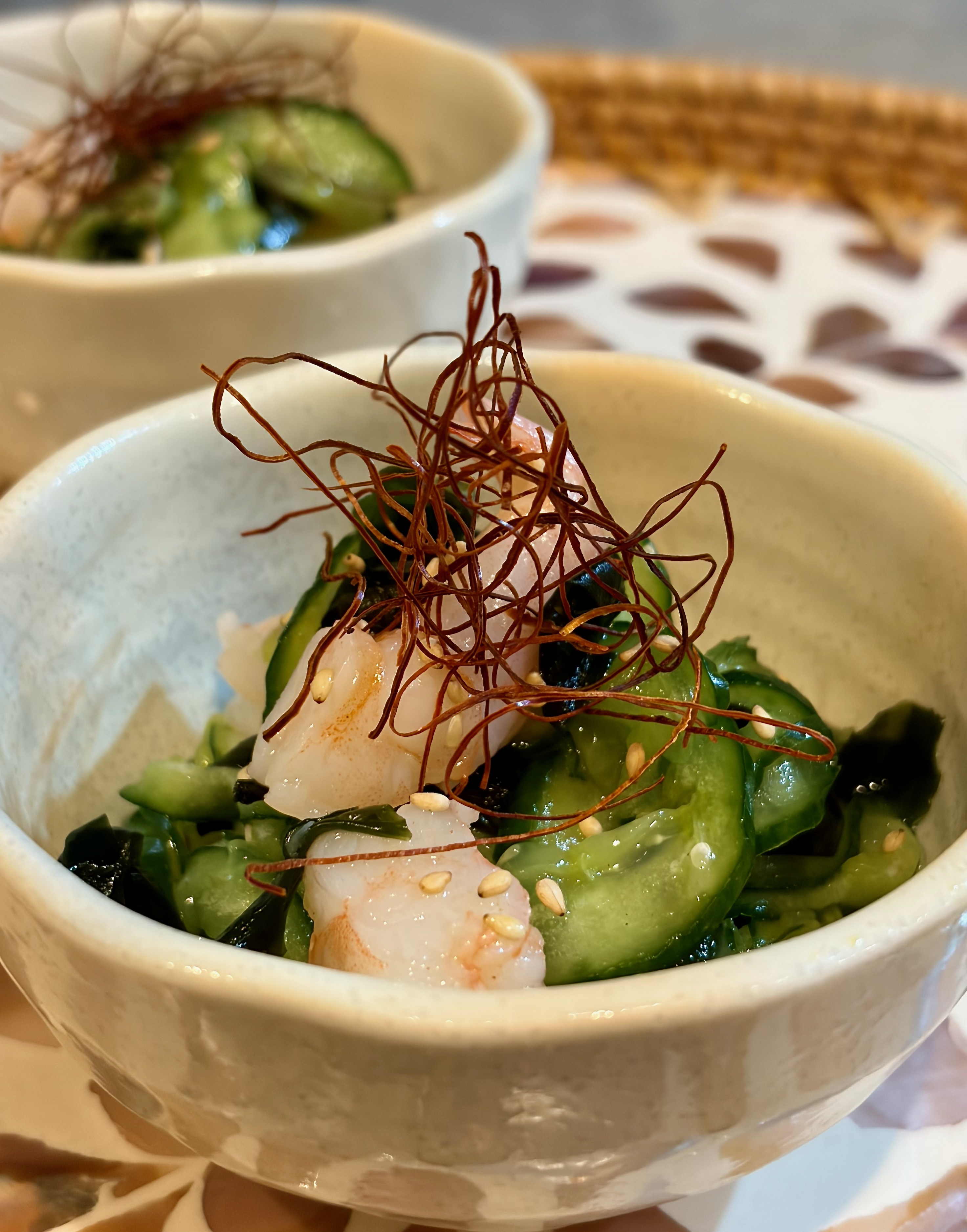 “Cucumber, Wakame Seaweed, and Prawns Sunomono (Vinegared Salad)